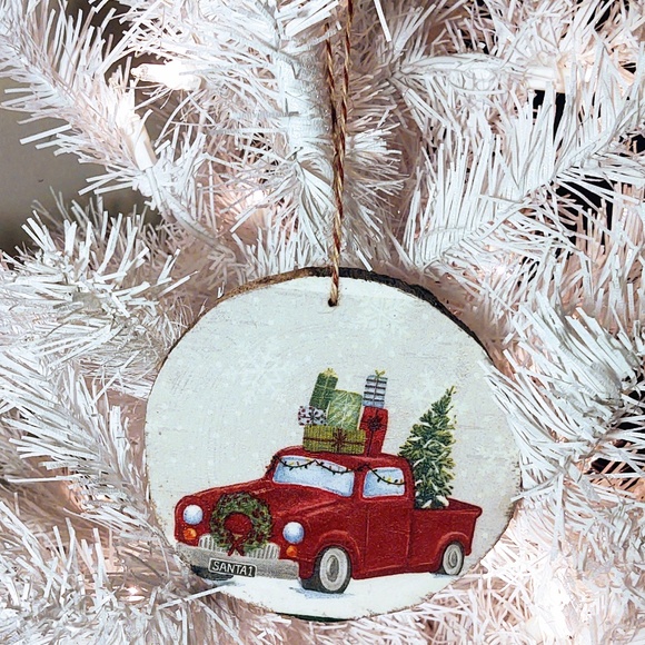 Hand Crafted Decoupage Wooden Christmas Ornament/Vintage Red Truck w/Presents - Picture 1 of 2